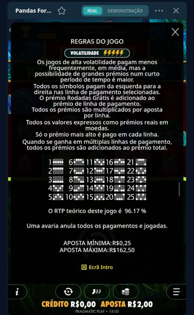Página das regras do jogo de Panda's Fortune