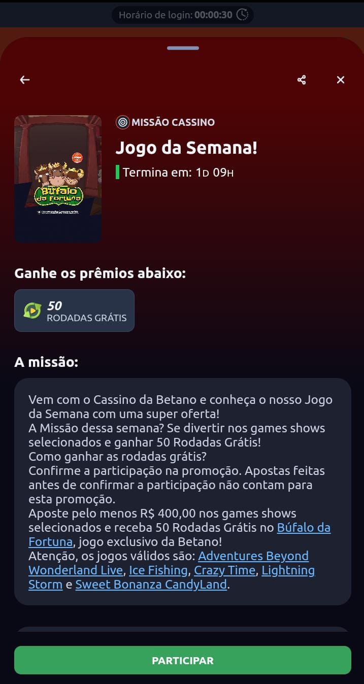 Jogo da Semana Betano com o prêmio de 50 rodadas grátis, a explicação da oferta e o botão "Participar".