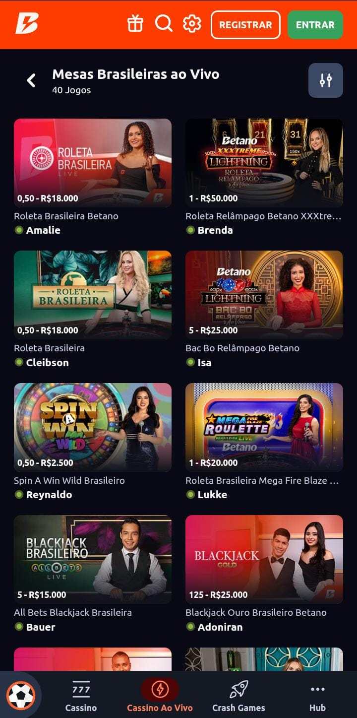 Tela de Cassino ao Vivo na Betano
