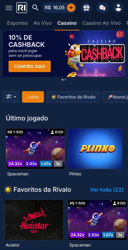 Captura de tela da página de cassino Rivalo com banner do cashback