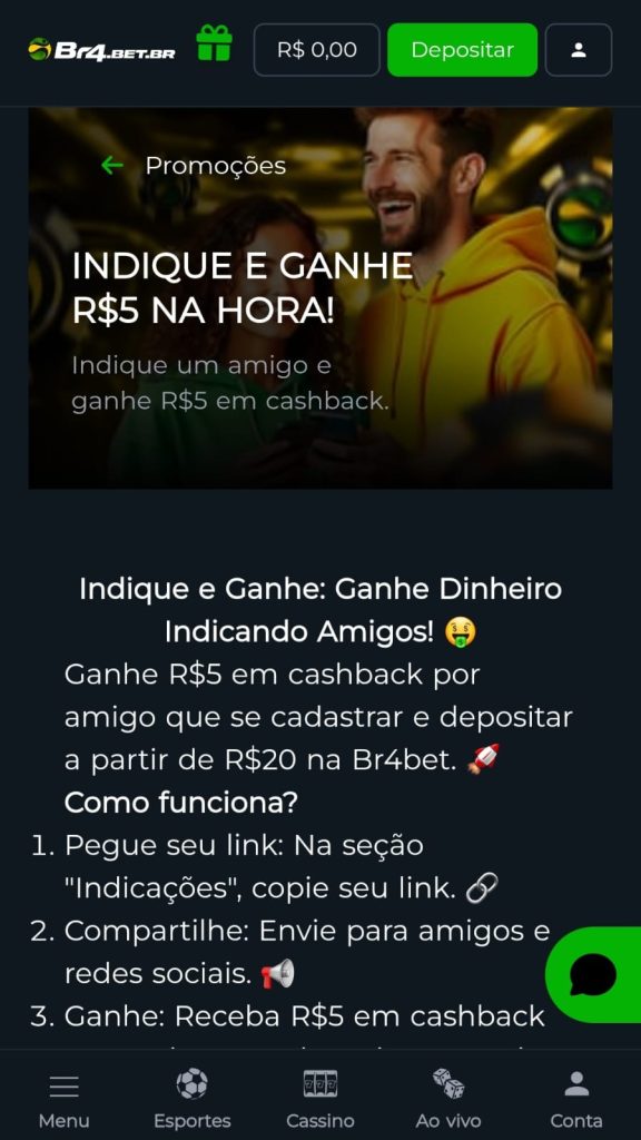 Captura de tela de página de oferta de indicação da Br4bet