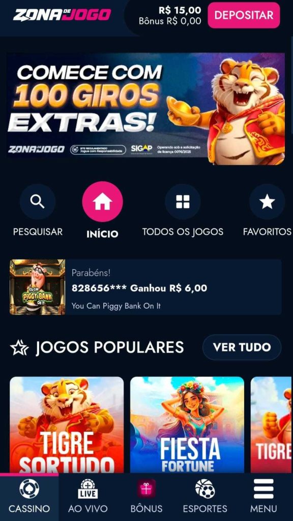 Captura de tela da página inicial do cassino Zona de Jogo