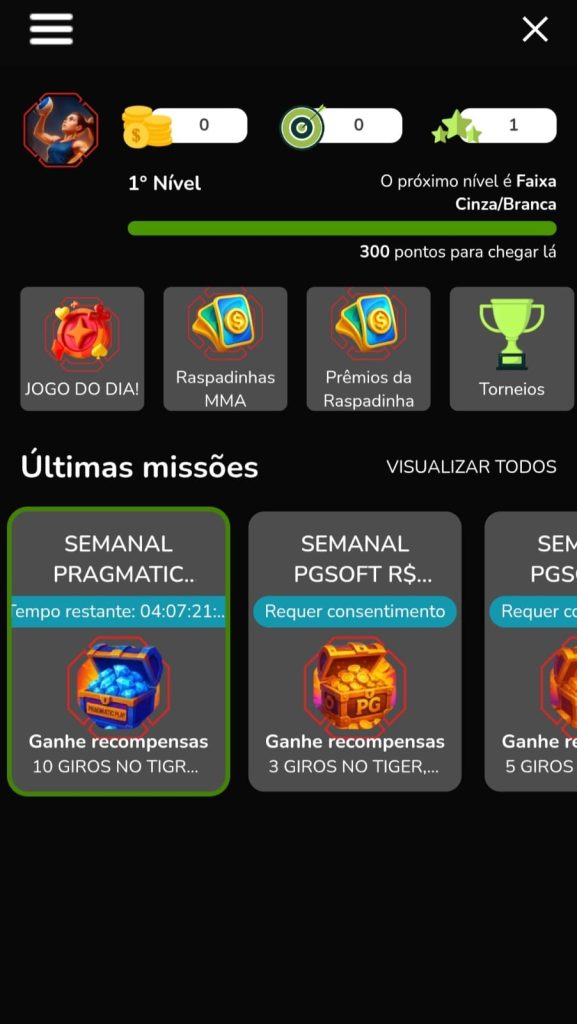 Captura de tela da página de missões da MMAbet