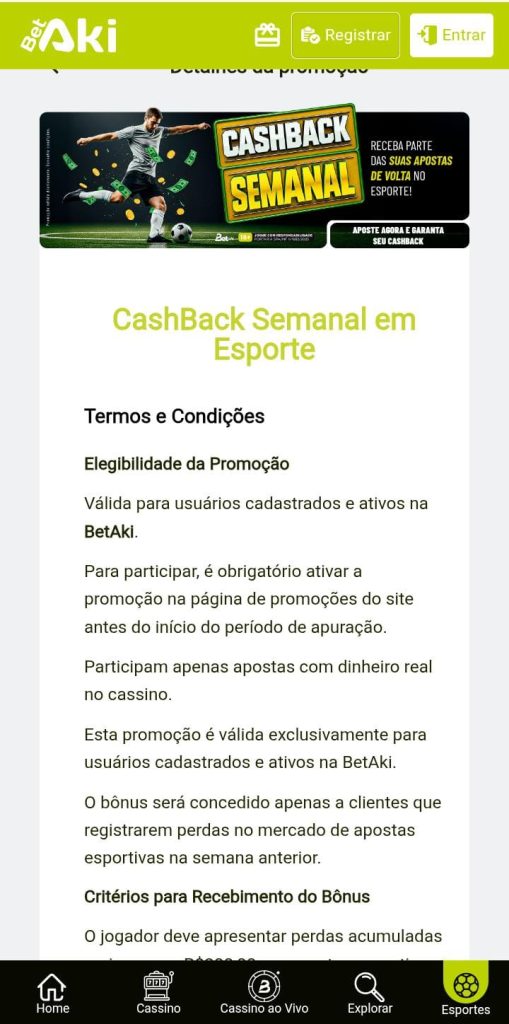 Página de cashback da Betaki