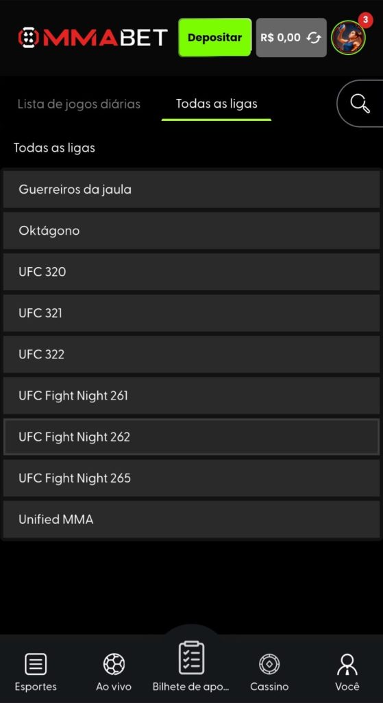 Captura de tela da MMA Bet com apostas no UFC