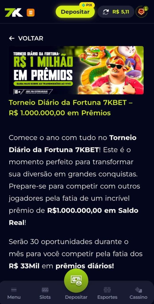 Captura de tela da página do torneio diário dos slots da Fortuna na Bet7k