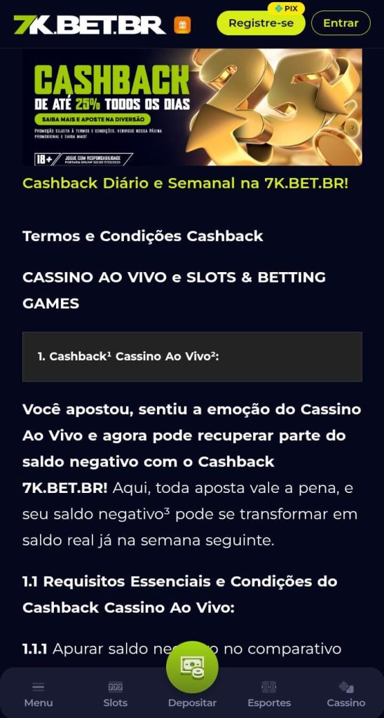 Página do cashback da Bet7k
