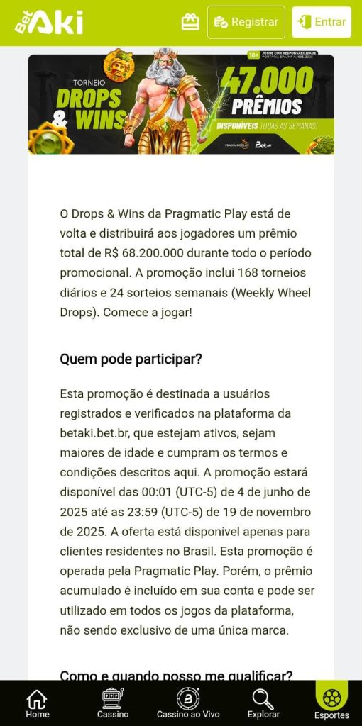 Página dos Drops & Wins da Betaki