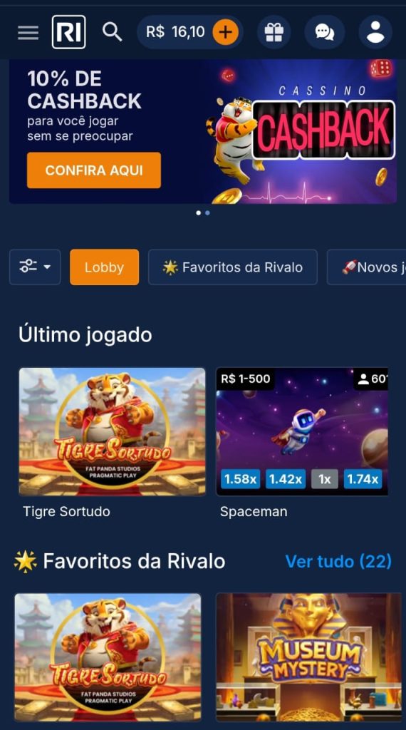 Captura de tela do cassino Rivalo e Tigre Sortudo entre os favoritos