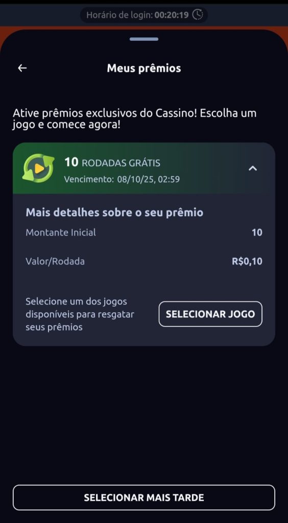 Captura de tela da oferta de rodadas grátis da Betano.