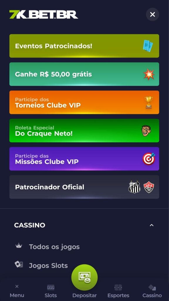 Captura de tela das ofertas do cassino Bet7k