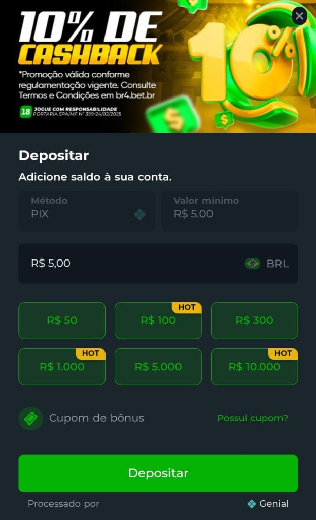 Página de depósito da BR4Bet