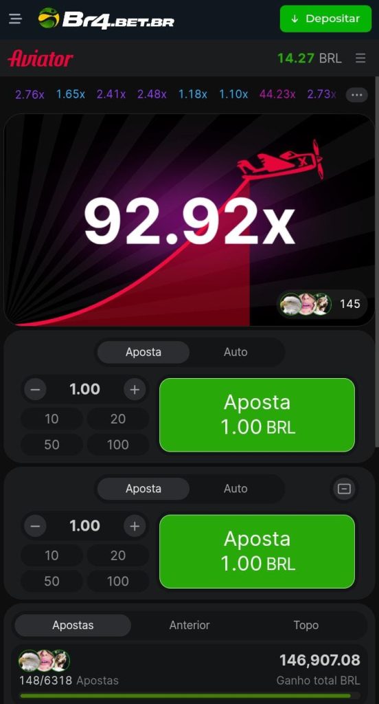 Captura de tela de um multiplicador de 92x no Aviator na BR4Bet