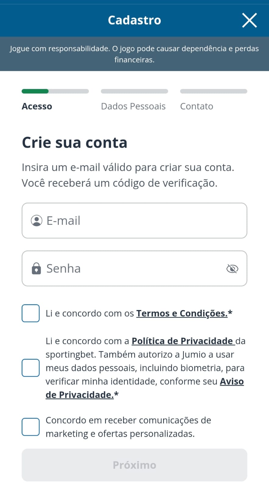 Tela de cadastro da Sportingbet