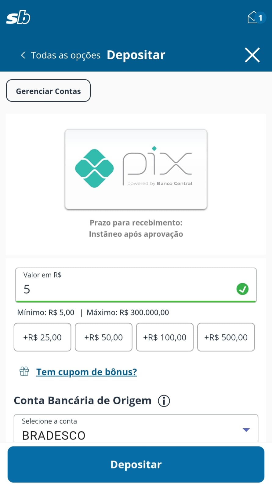 Tela de depósito via Pix de 5 reais na Sportingbet