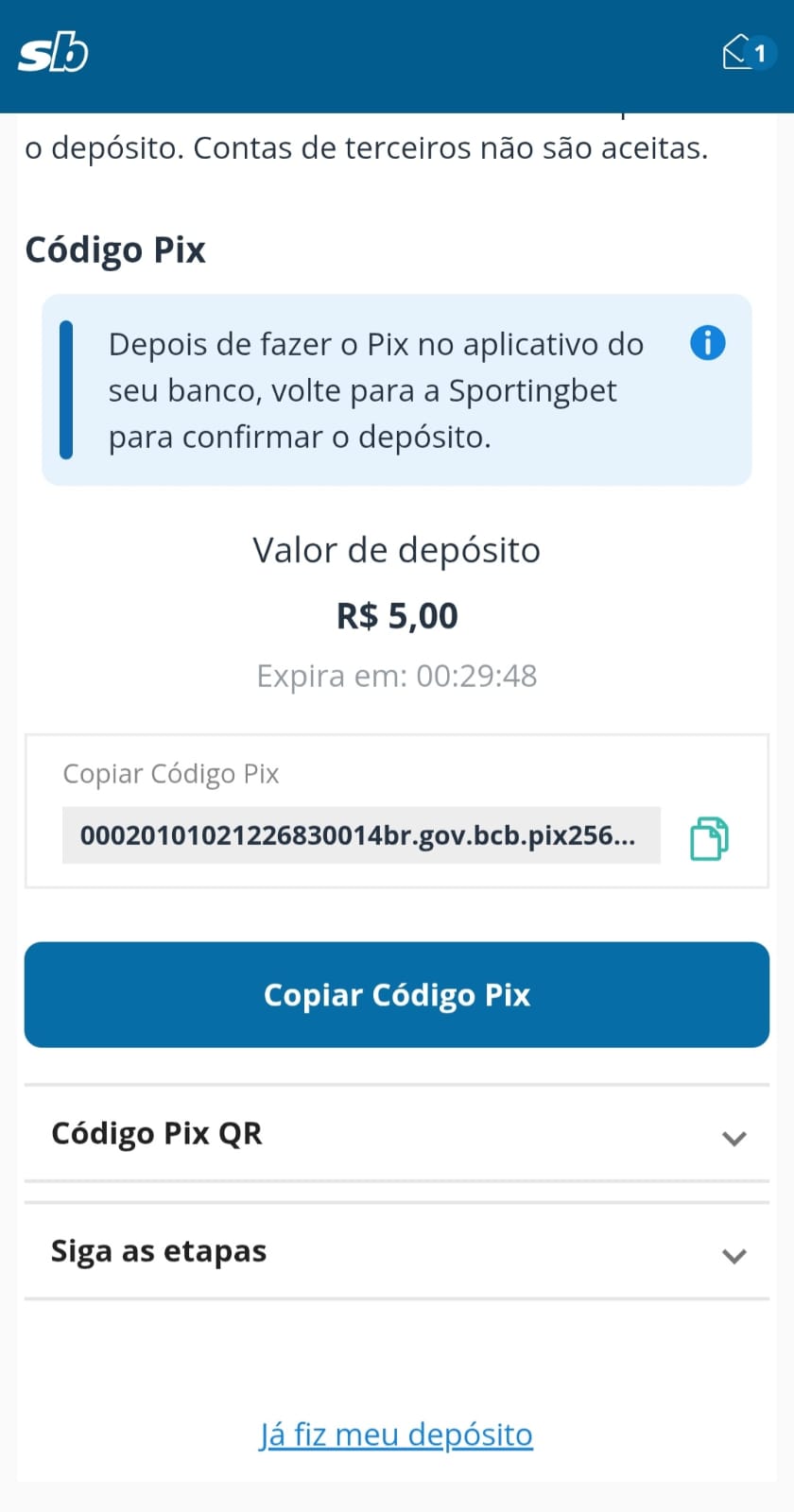 Tela do código Pix para depósito de 5 reais na Sportingbet