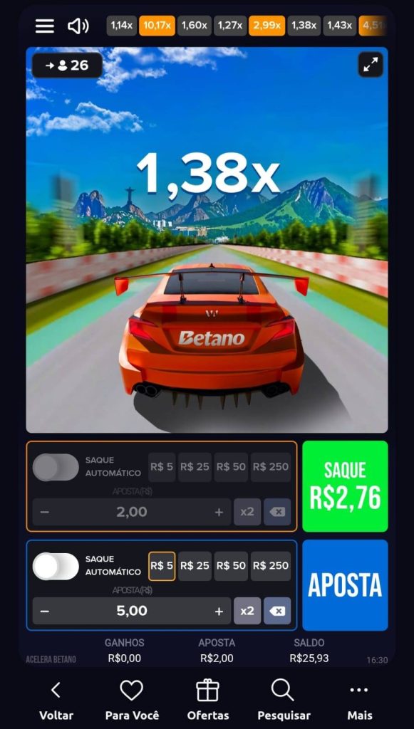 Novo crash game Acelera Betano com aposta feita de R$2, multiplicador na tela em 1,38x e saque em R$2,76