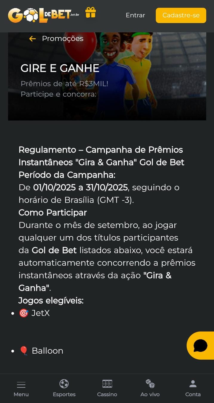 Página da oferta Gire e Ganhe da Gol de Bet