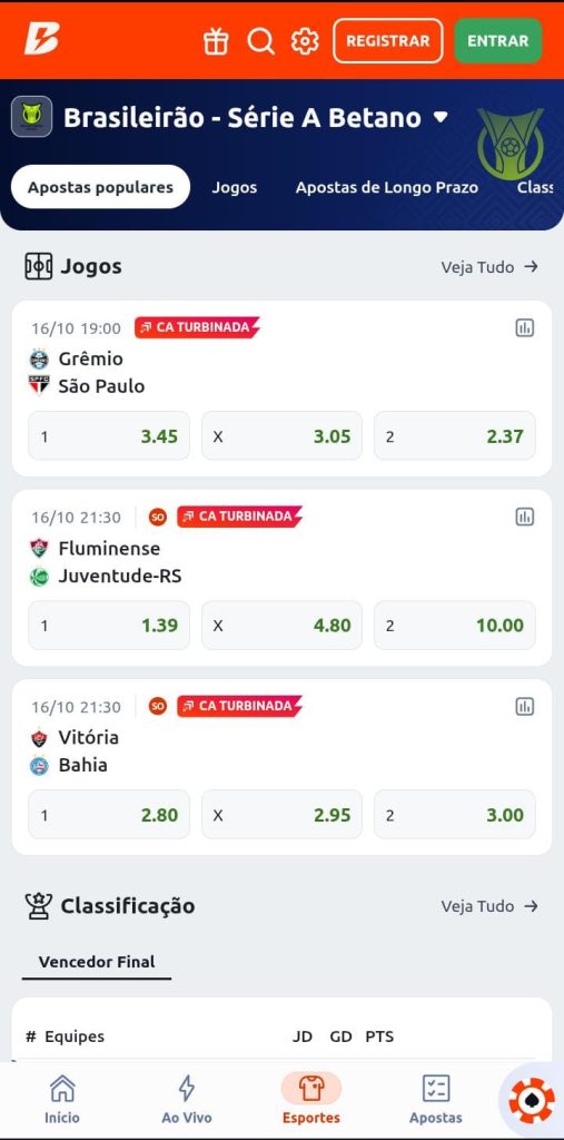 Página do mercado de resultado final nas apostas no Brasileirão na Betano