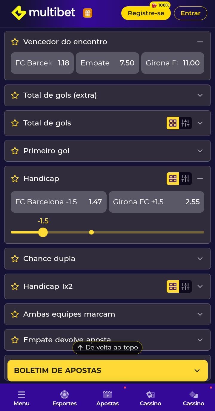 Página dos mercados de apostas do jogo Barcelona x Girona na Multibet