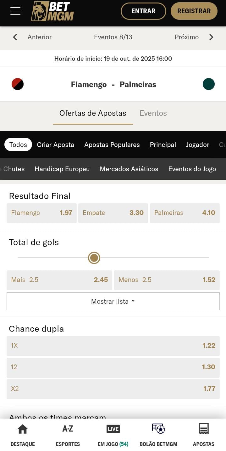 Página dos mercados de apostas do jogo Flamengo x Palmeiras na BetMGM