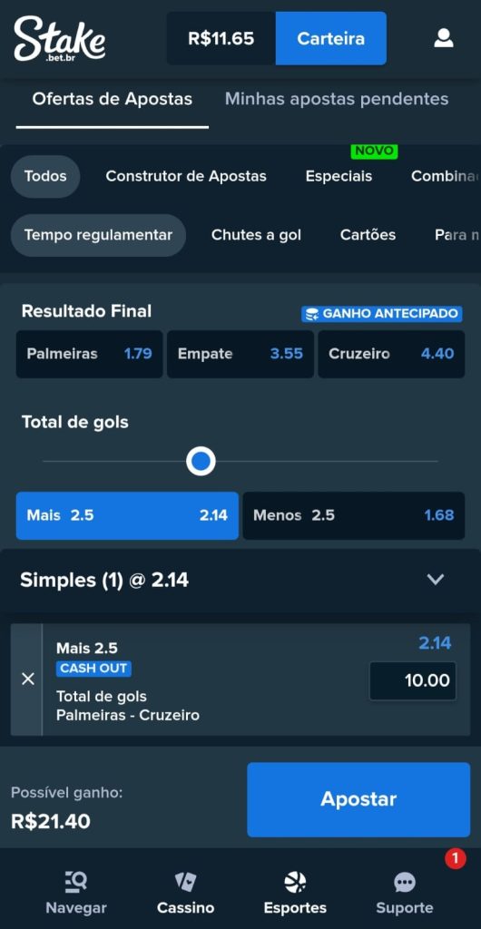 Cupom de aposta na Stake com seleção no mercado total de gols +2,5 e valor de R$10 com retorno potencial de R$21,74
