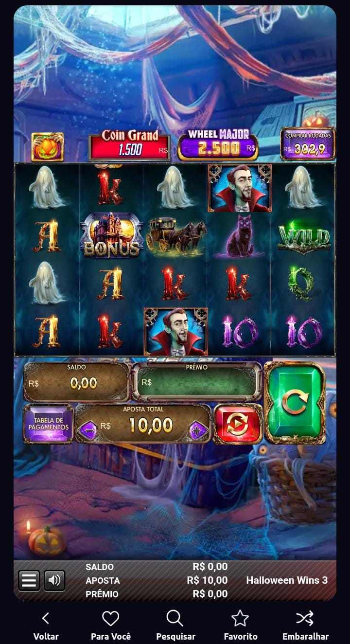 Slot Halloween Wins 3 com diferentes símbolos na grade 5x3 e fundo de casa mal assombrada