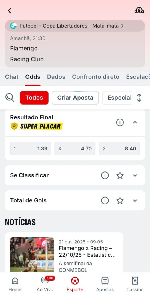 Mercados de apostas em Flamengo x Racing pela Libertadores com destaque para a oferta SuperPlacar no resultado final
Captura realizada em 21/10/2025 às 17:40. Odds relativas ao momento da captura