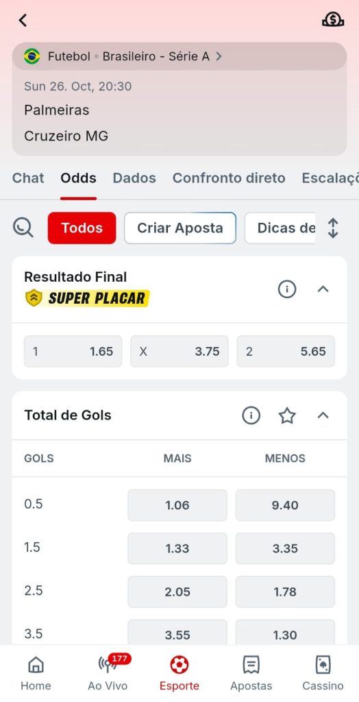 Mercados de aposta no jogo Palmeiras x Cruzeiro, incluindo resultado final com oferta SuperPlacar
Captura realizada em 21/10/2025 às 13:30. Odds relativas ao momento da captura.
