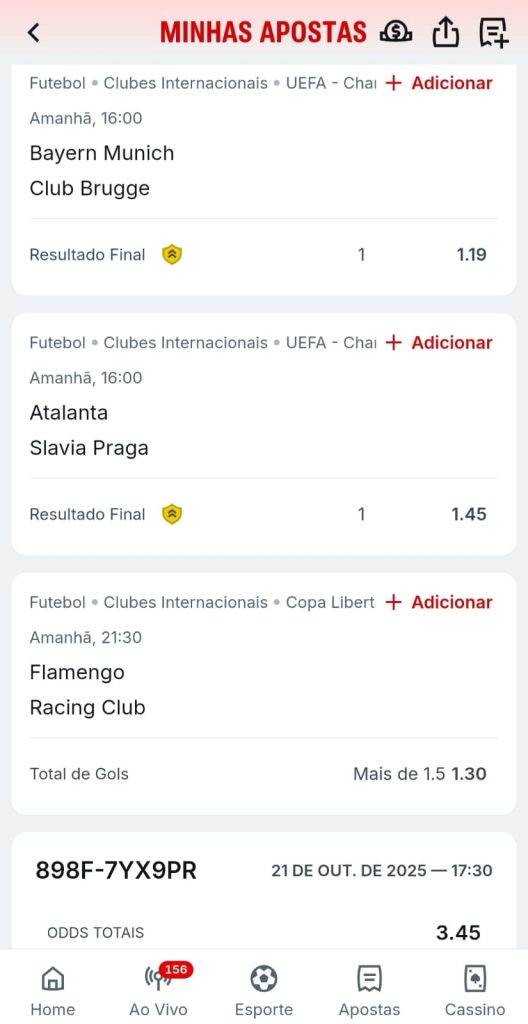 Bilhete de aposta múltipla com duas seleções com pagamento antecipado da Superbet e uma sem a oferta.
Captura realizada em 21/10/2025 às 17:30. Odds relativas ao momento da captura.