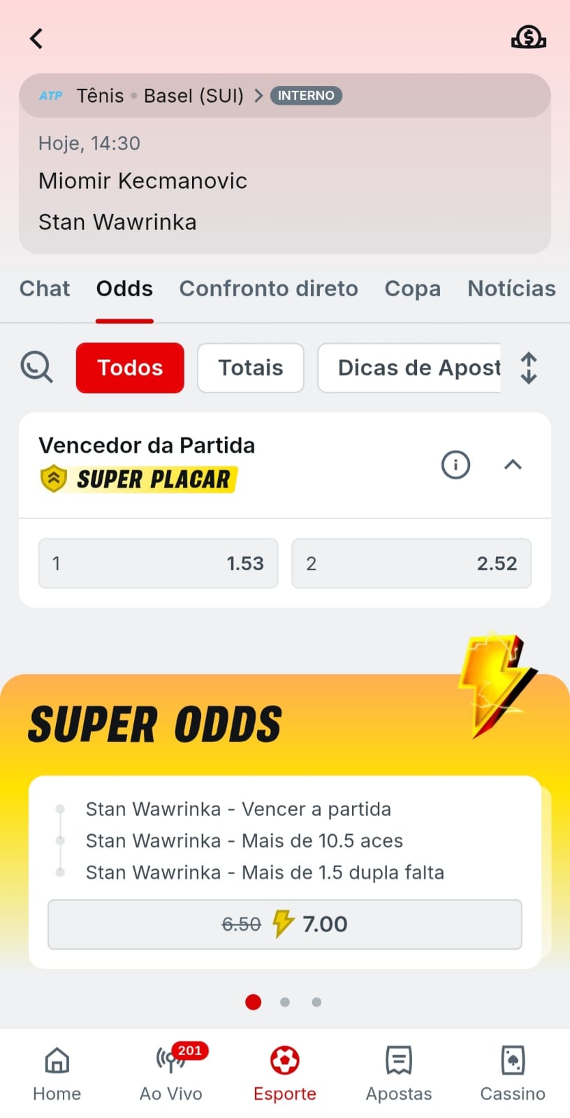 Mercados de apostas em jogo do ATP 250 de Basel, com destaque para o pagamento antecipado da Supebet
Captura feita em 21/10/2025 às 14:15. Odds relativas ao momento da captura.