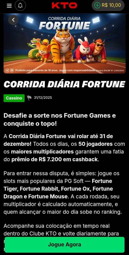 Informações da oferta Corrida DIária Fortune da KTO com os personagens da PG Soft, como o tigrinho e o ratinho
