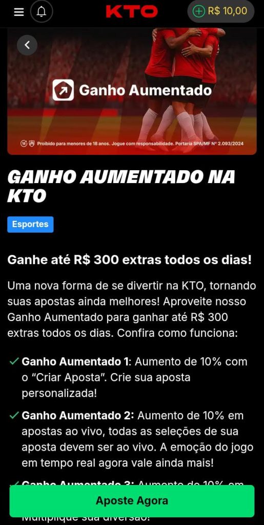 Informações da oferta de Ganho Aumentado da KTO, com destaque aos R$300 extras todos os dias