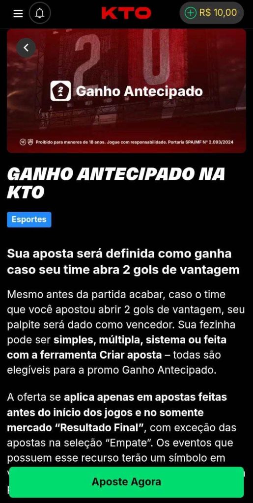 Informações da oferta de Ganho Antecipado da KTO, com destaque para a aposta ganha com 2 gols de vantagem