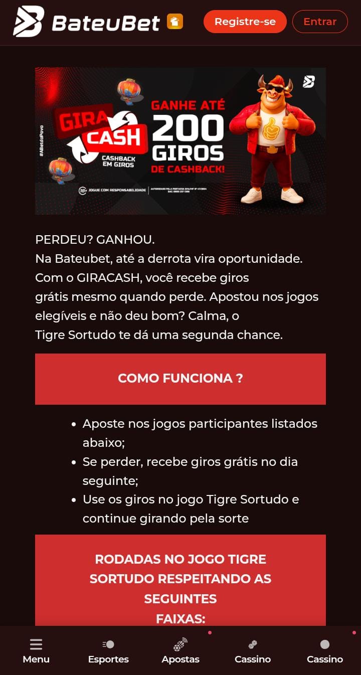 Banner com o personagem do Tigre Sortudo e texto informativo sobre a oferta GiraCashback ganhe até 200 giros da BateuBet