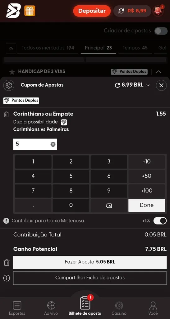 Boletim de apostas para o jogo Corinthians x Palmeiras na BateuBet
