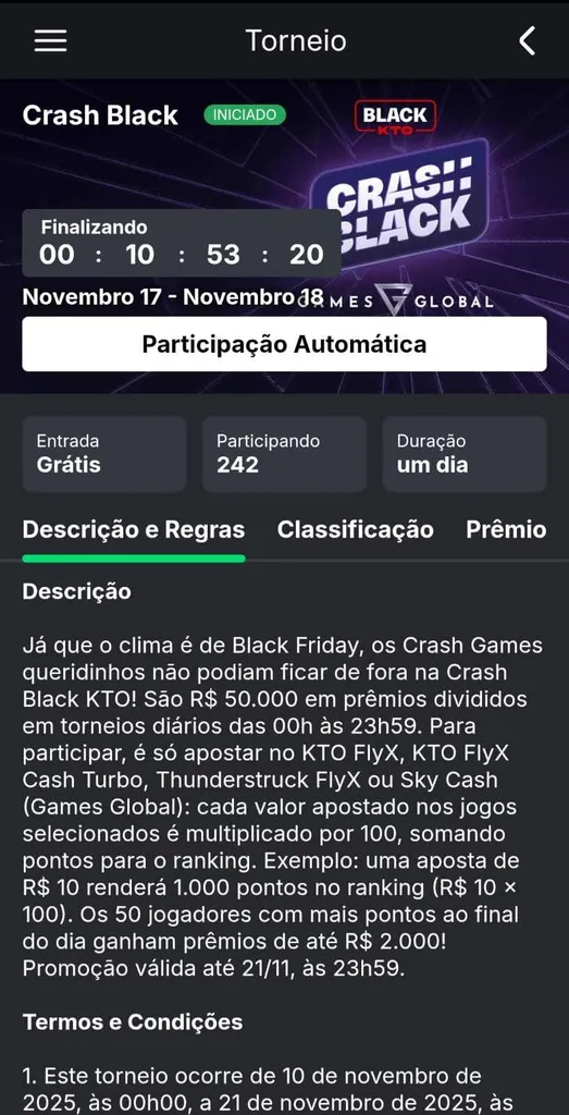 Promoção Crash Black da KTO e 10 horas e 53 minutos para jogar no torneio do dia com prêmios para os melhores em crash games.