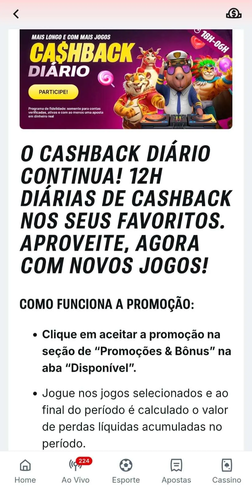 Cashback diário de 12h na Superbet com botão para participar e imagem dos personagens dos slots, incluindo o touro.