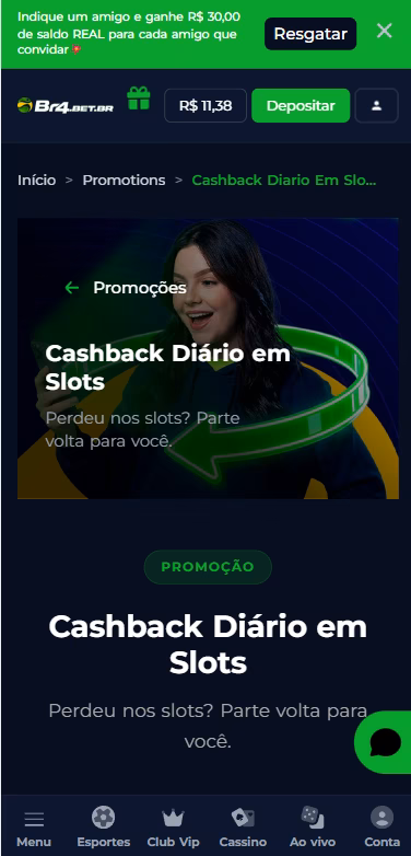 Cashback diário da BR4Bet, com banner promocional e texto informativo do regulamento