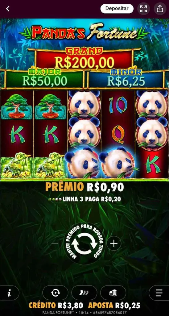 Rodada vencedora no Panda's Fortune, com prêmio de R$0,90 para símbolos do sapo e do panda