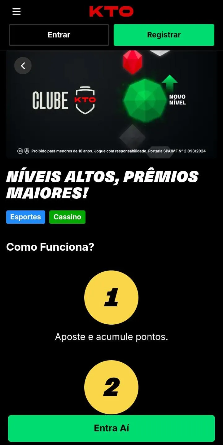 Clube KTO, com título Níveis altos, prêmios maiores e botão de Entra Aí