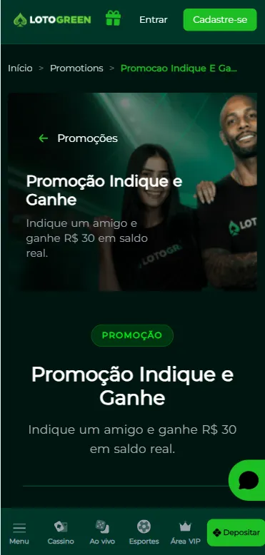 Promoção Indique e Ganhe na Lotogreen com R$30 em saldo real a cada indicação