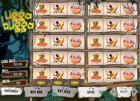 Diferentes figuras que remetem à pré-história no slot Ugga Bugga, com informações sobre line bet, bet e win