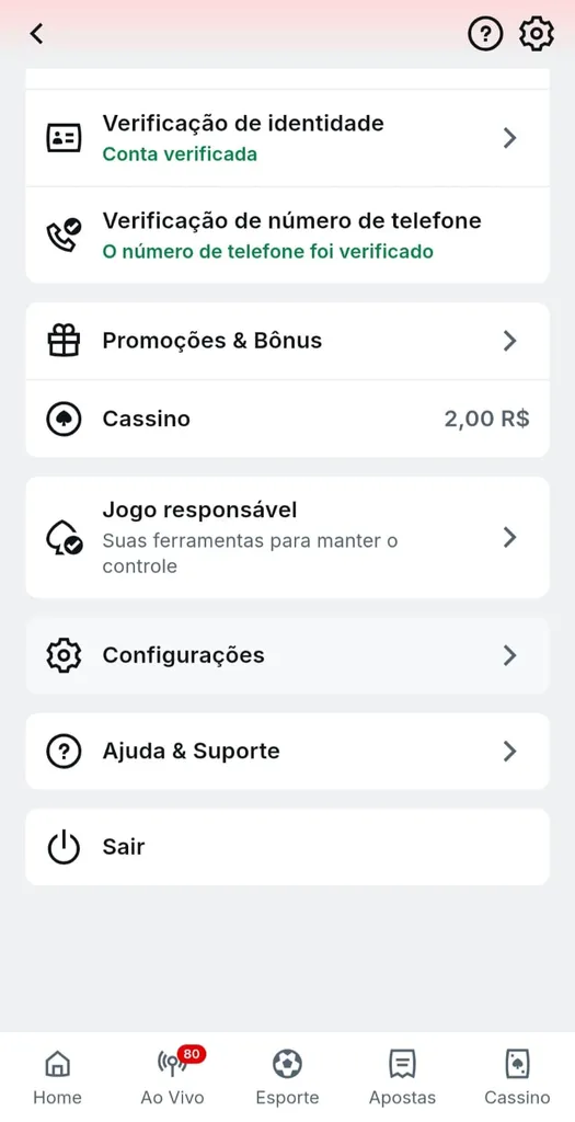 Perfil da conta na Superbet com seções de verificação de identidade, promoções, configurações e suporte.