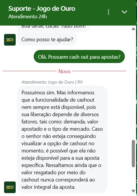 Chat de suporte do Jogo de Ouro explicando o funcionamento do cash out em apostas esportivas, incluindo disponibilidade e condições de uso.