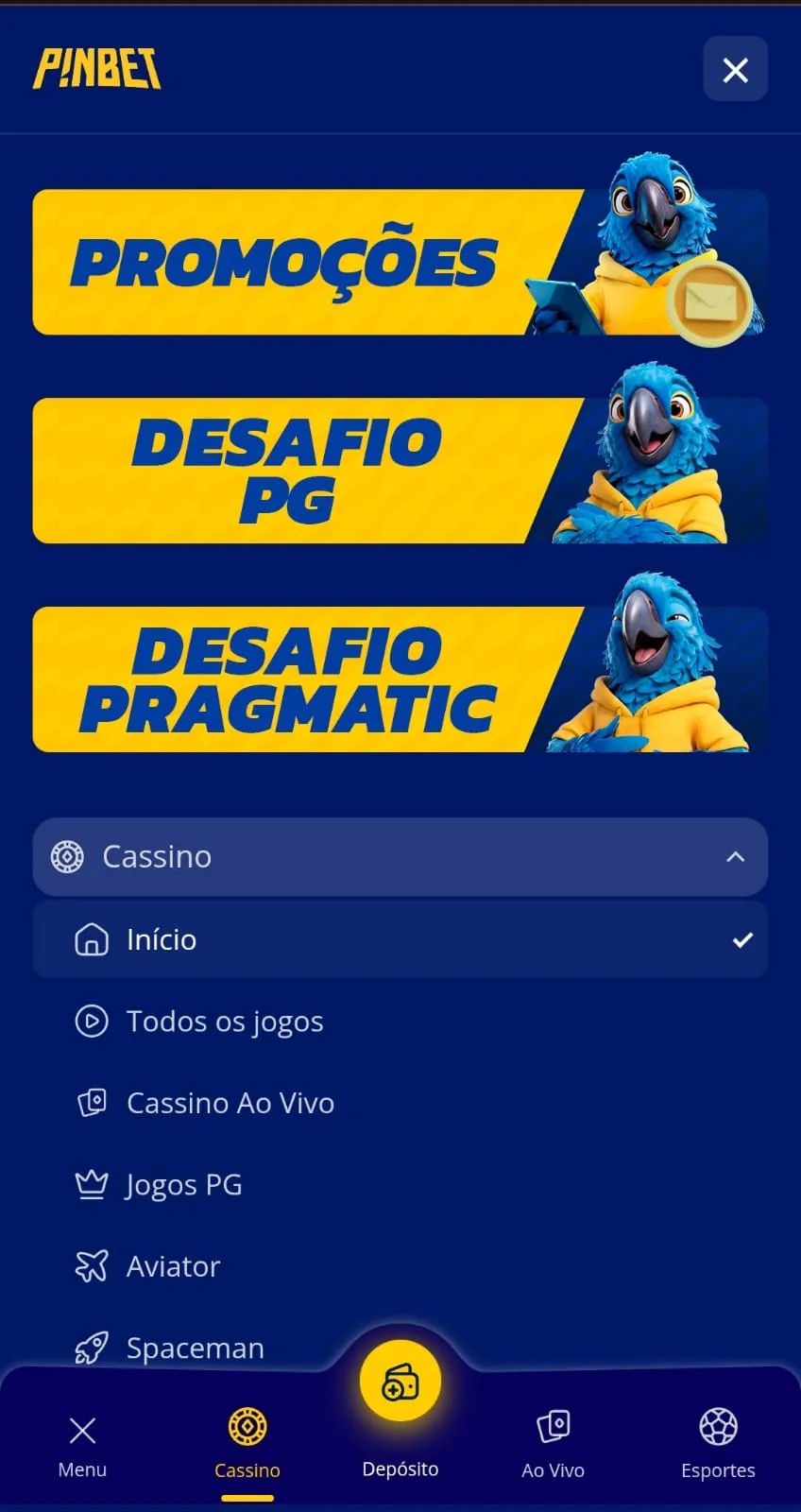 Painel de navegação da Pin com destaque para os desafios da PG e Pragmatic.