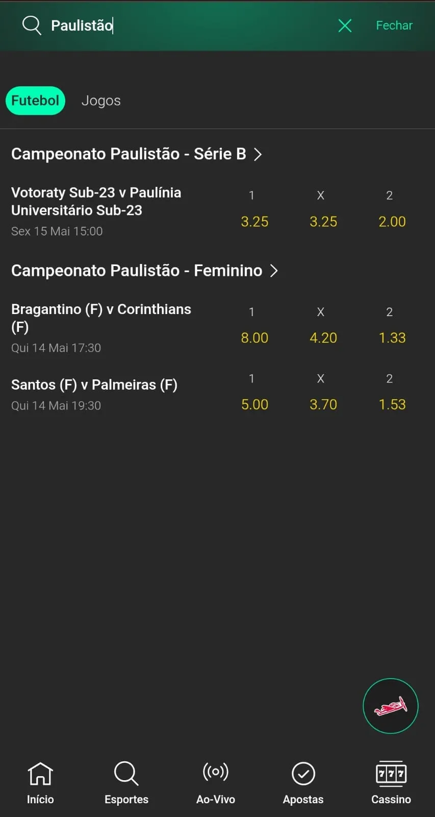 Print das partidas e odds do Campeonato Paulistão Série B e Série A Feminino na bet encontradas com a ferramenta de busca.
