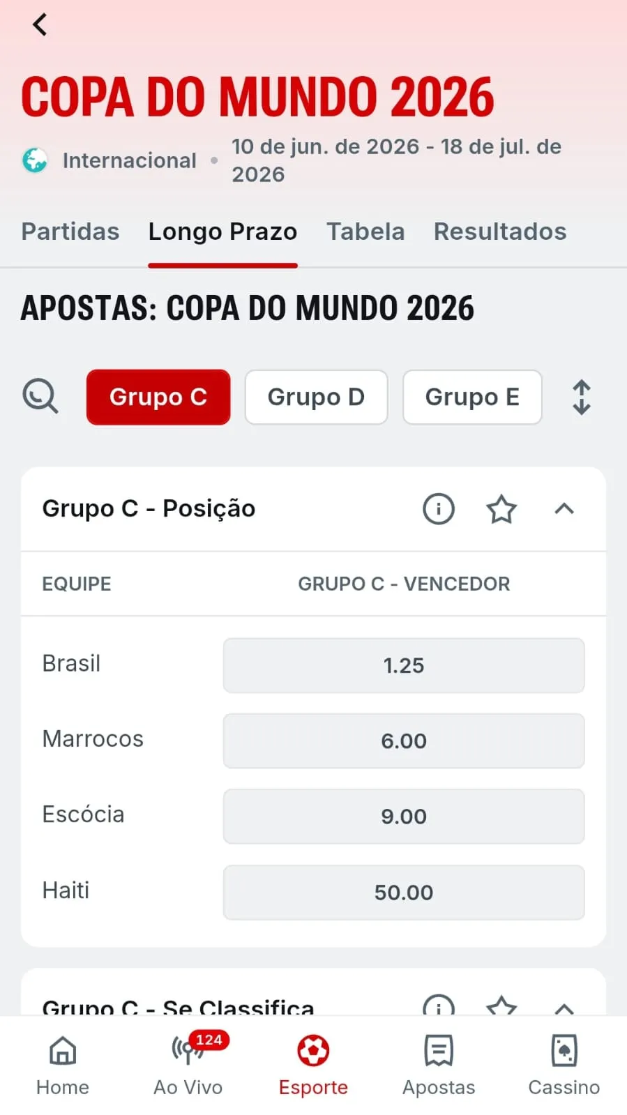 Mercado para 1º lugar do grupo C da Copa 2026 com Marrocos com odds 6.00 e Brasil 1.25.
