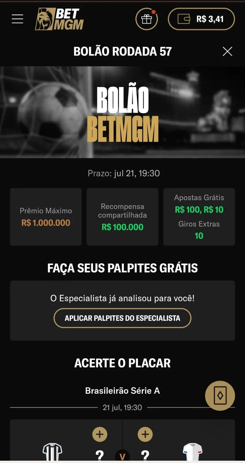 Bolão da BetMGM com participação gratuita e prêmios a partir de 3 acertos.