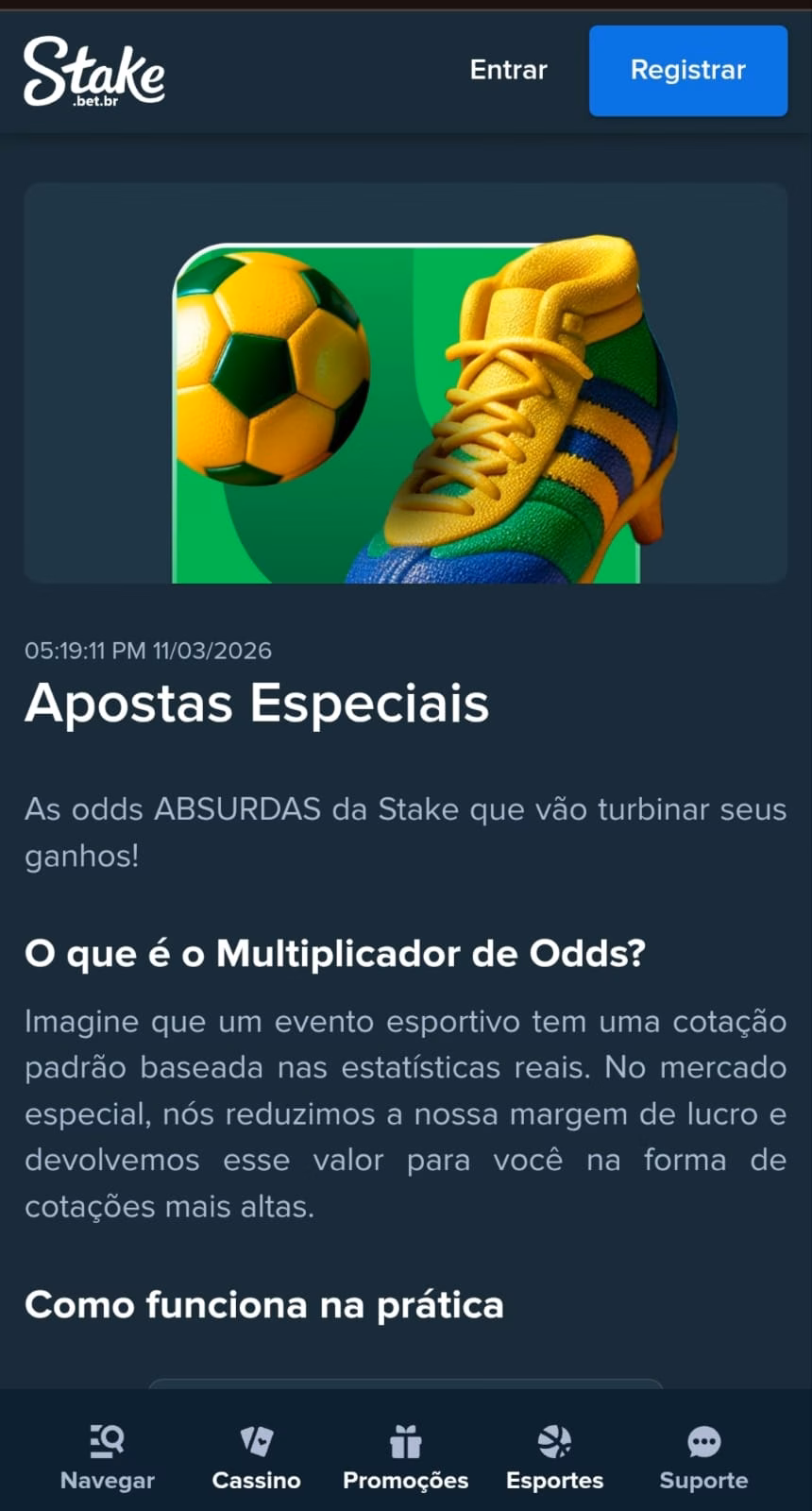 Print da página de "Apostas Especiais" da Stake, com detalhes sobre as odds aumentadas dos mercados exclusivos da casa.